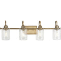 PROGRESS LIGHTING P300323-163 Vintage Brass Aiken Collection Four-Light Vintage Style Brass Clear Glass Farmhouse Style Bath Vanity Wall Light