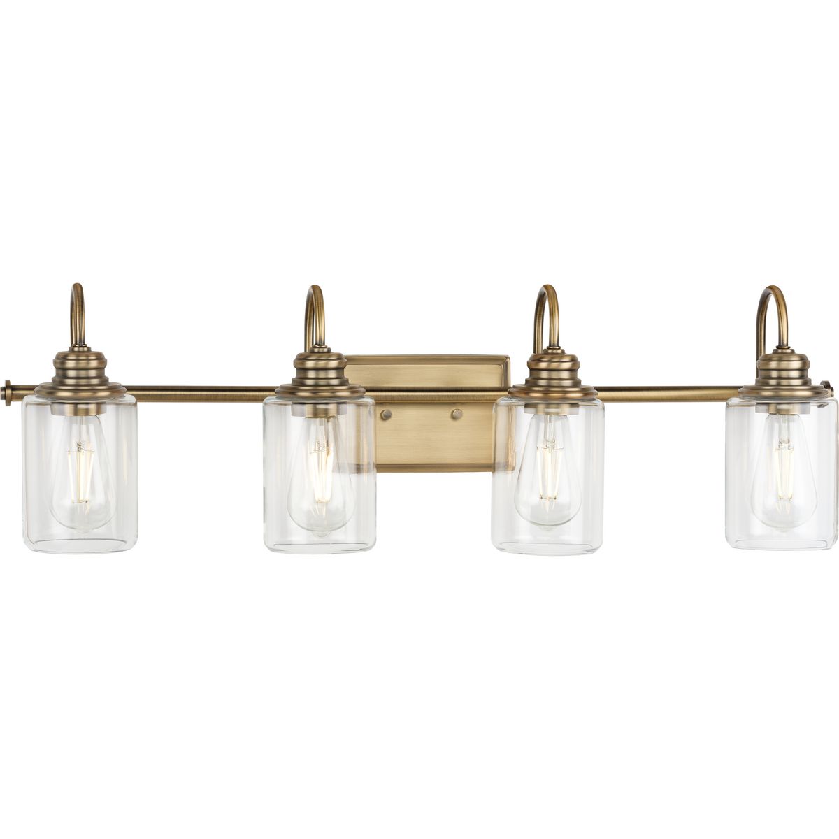 PROGRESS LIGHTING P300323-163 Vintage Brass Aiken Collection Four-Light Vintage Style Brass Clear Glass Farmhouse Style Bath Vanity Wall Light