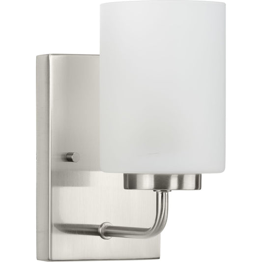PROGRESS LIGHTING P300327-009 Brushed Nickel Merry Collection One-Light Brushed Nickel and Etched Glass Transitional Style Bath Vanity Wall Light