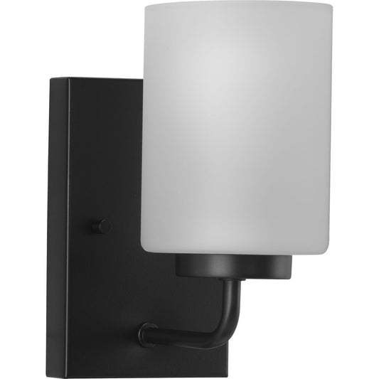 PROGRESS LIGHTING P300327-031 Matte Black Merry Collection One-Light Matte Black and Etched Glass Transitional Style Bath Vanity Wall Light