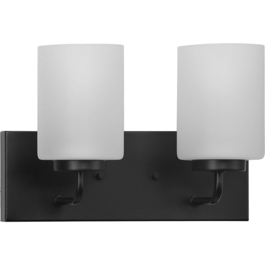 PROGRESS LIGHTING P300328-031 Matte Black Merry Collection Two-Light Matte Black and Etched Glass Transitional Style Bath Vanity Wall Light