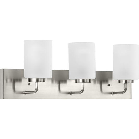 PROGRESS LIGHTING P300329-009 Brushed Nickel Merry Collection Three-Light Brushed Nickel and Etched Glass Transitional Style Bath Vanity Wall Light