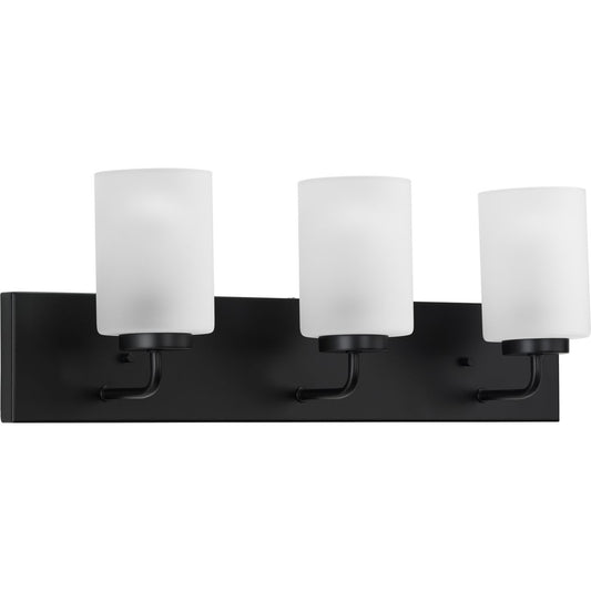 PROGRESS LIGHTING P300329-031 Matte Black Merry Collection Three-Light Matte Black and Etched Glass Transitional Style Bath Vanity Wall Light