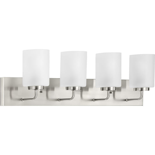 PROGRESS LIGHTING P300330-009 Brushed Nickel Merry Collection Four-Light Brushed Nickel and Etched Glass Transitional Style Bath Vanity Wall Light