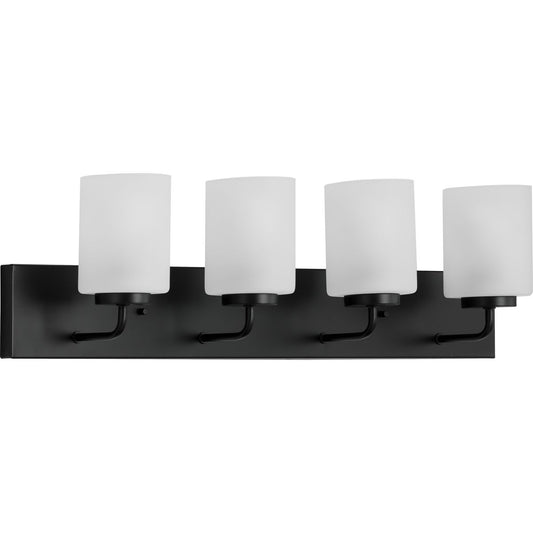 PROGRESS LIGHTING P300330-031 Matte Black Merry Collection Four-Light Matte Black and Etched Glass Transitional Style Bath Vanity Wall Light