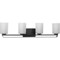 PROGRESS LIGHTING P300344-31M Matte Black League Collection Four-Light Matte Black and Etched Glass Modern Farmhouse Bath Vanity Light