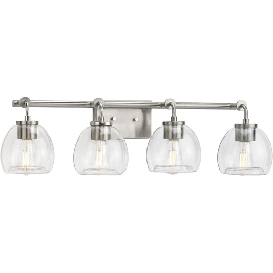 PROGRESS LIGHTING P300348-009 Brushed Nickel Caisson Collection Four-Light Brushed Nickel Clear Glass Urban Industrial Bath Vanity Light