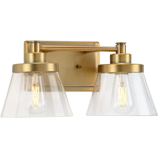 PROGRESS LIGHTING P300349-163 Vintage Brass Hinton Collection Two-Light Vintage Brass Clear Seeded Glass Farmhouse Bath Vanity Light