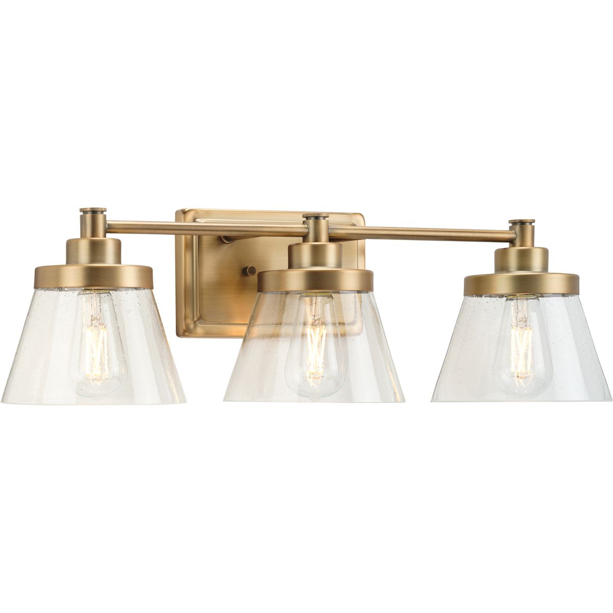 PROGRESS LIGHTING P300350-163 Vintage Brass Hinton Collection Three-Light Vintage Brass Clear Seeded Glass Farmhouse Bath Vanity Light