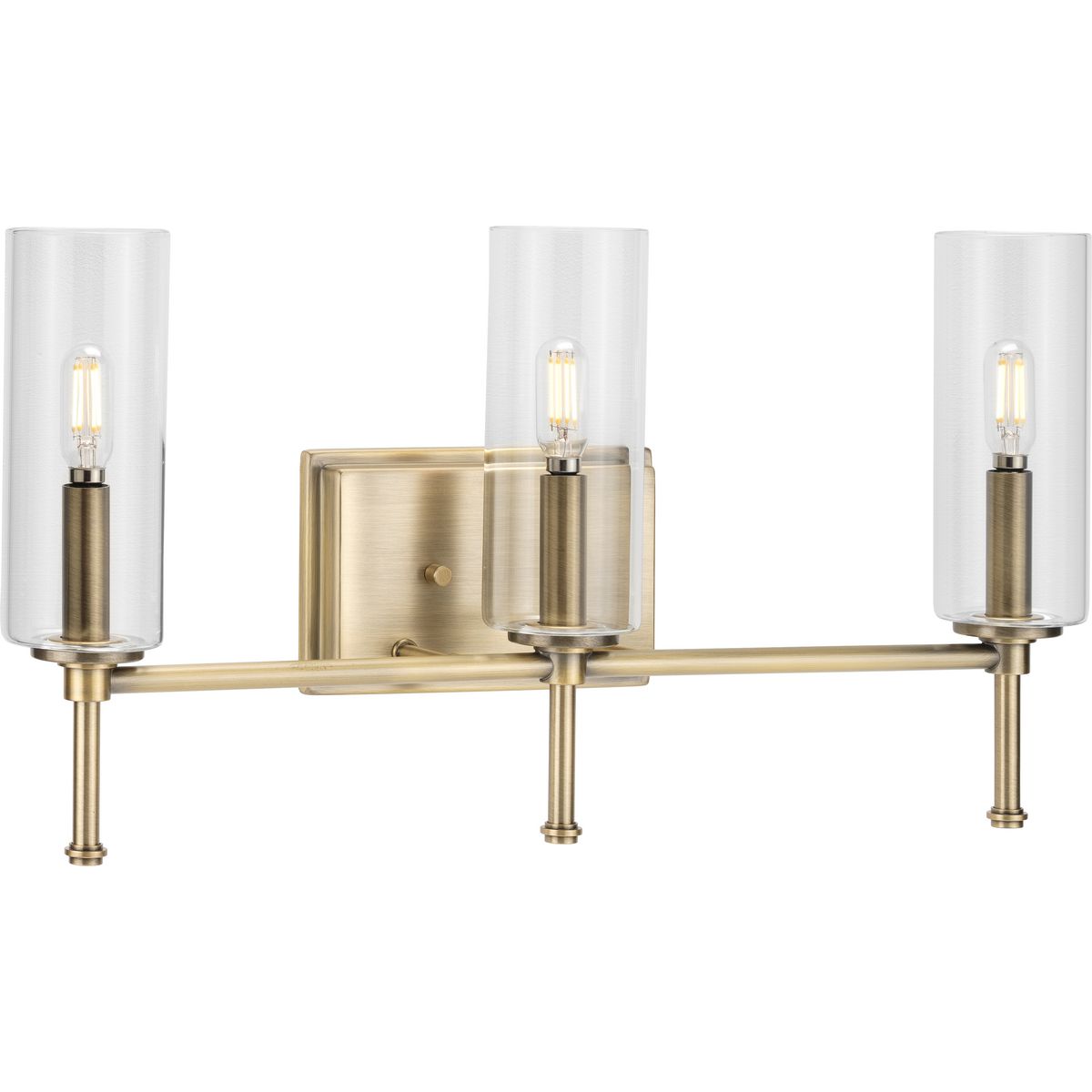 PROGRESS LIGHTING P300358-163 Vintage Brass Elara Collection Three-Light Vintage Brass Clear Glass New Traditional Bath Vanity Light