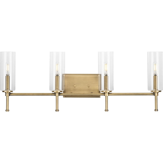 PROGRESS LIGHTING P300359-163 Vintage Brass Elara Collection Four-Light New Traditional Vintage Brass Clear Glass Bath Vanity Light