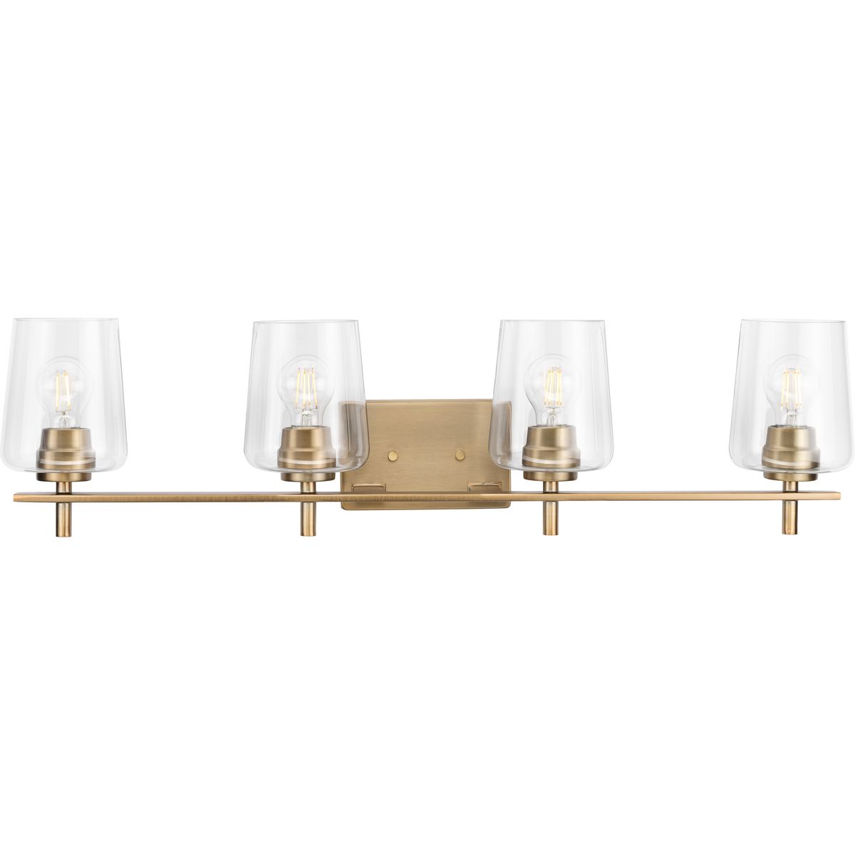 PROGRESS LIGHTING P300363-163 Vintage Brass Calais Collection Four-Light New Traditional Vintage Brass Clear Glass Bath Vanity Light