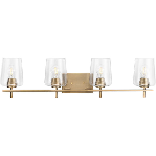 PROGRESS LIGHTING P300363-163 Vintage Brass Calais Collection Four-Light New Traditional Vintage Brass Clear Glass Bath Vanity Light