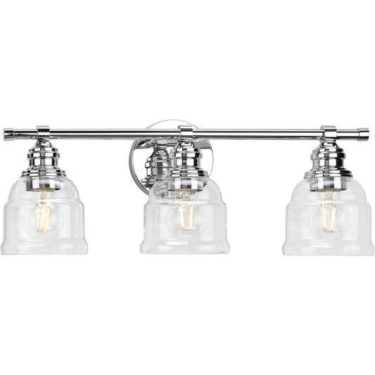 PROGRESS LIGHTING P300375-015 Polished Chrome Ambrose Collection Three-Light Farmhouse Polished Chrome Clear Glass Bath Vanity Light