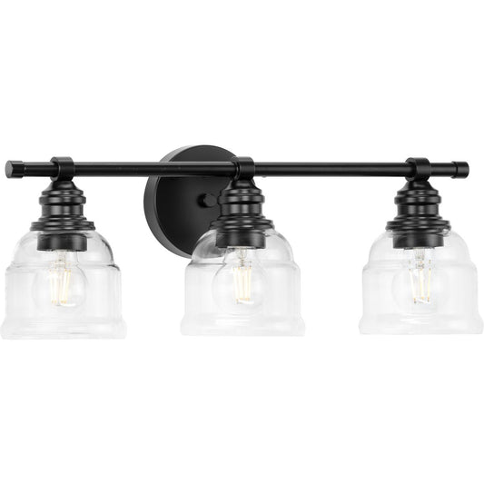 PROGRESS LIGHTING P300375-31M Matte Black Ambrose Collection Three-Light Farmhouse Matte Black Clear Glass Bath Vanity Light
