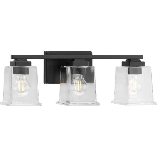 PROGRESS LIGHTING P300379-31M Matte Black Gilmour Collection Three-Light Modern Farmhouse Matte Black Clear Glass Bath Vanity Light