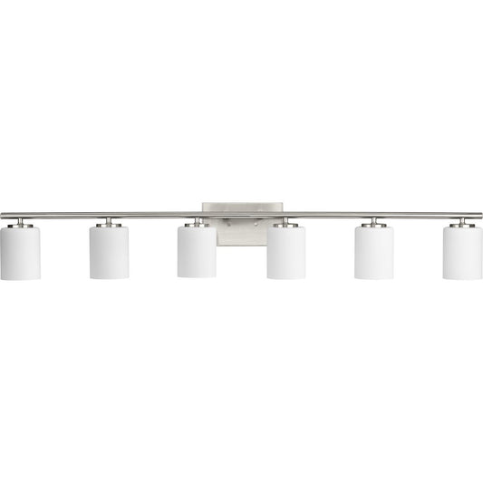 PROGRESS LIGHTING P300385-009 Brushed Nickel Replay Collection Six-Light Traditional Brushed Nickel Etched White Glass Bath Vanity Light