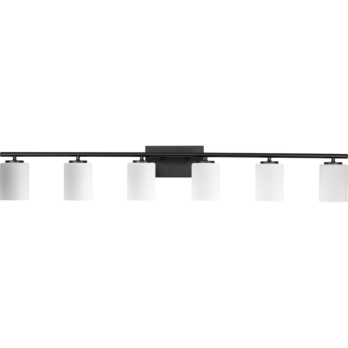 PROGRESS LIGHTING P300385-031 Textured Black Replay Collection Six-Light Traditional Textured Black Etched White Glass Bath Vanity Light