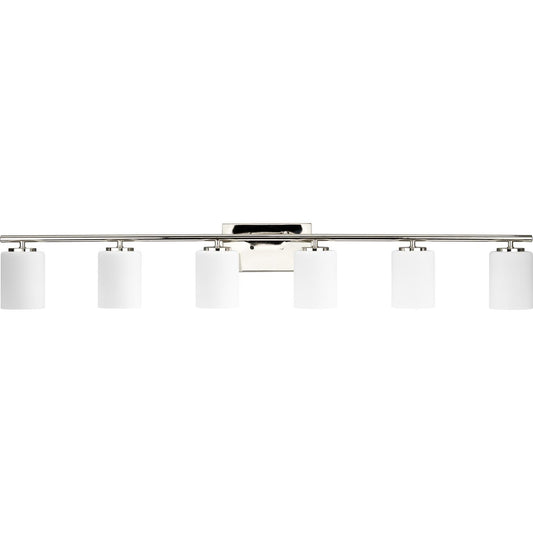 PROGRESS LIGHTING P300385-104 Polished Nickel Replay Collection Six-Light Traditional Polished Nickel Etched White Glass Bath Vanity Light