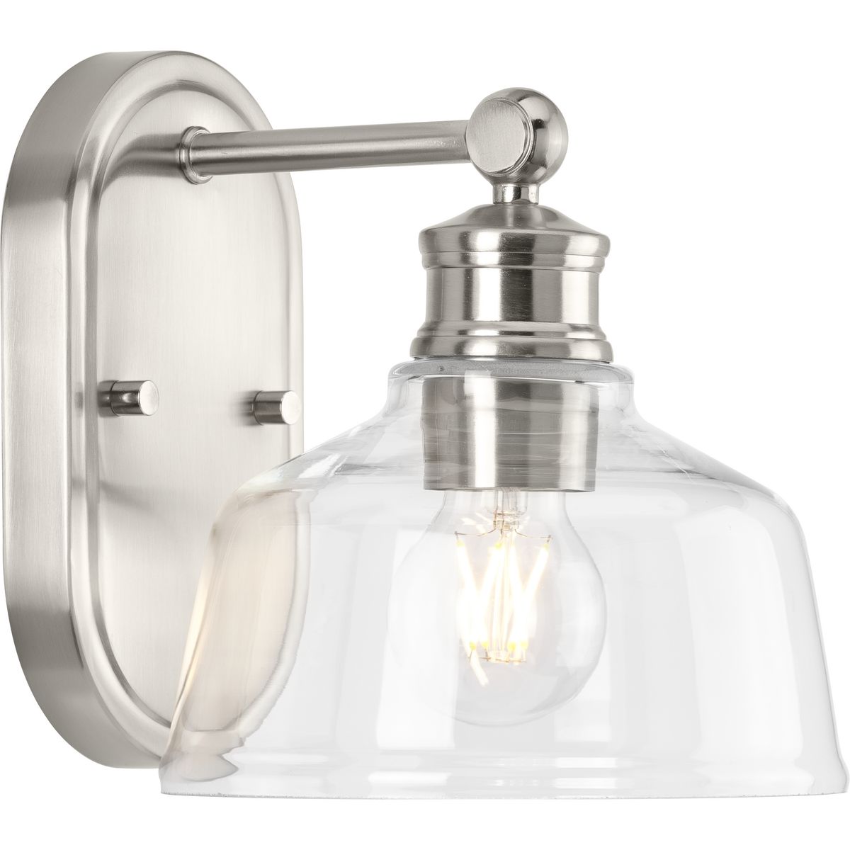 PROGRESS LIGHTING P300395-009 Brushed Nickel Singleton Collection One-Light 7.62" Brushed Nickel Farmhouse Vanity Light with Clear Glass Shade