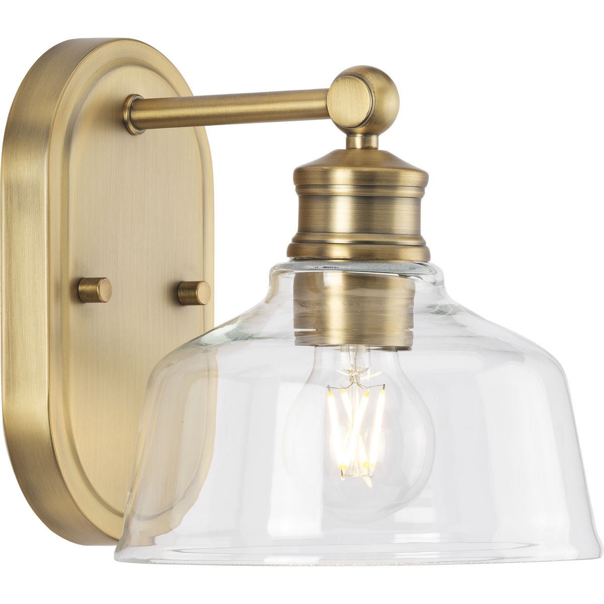PROGRESS LIGHTING P300395-163 Vintage Brass Singleton Collection One-Light 7.62" Vintage Brass Farmhouse Vanity Light with Clear Glass Shade