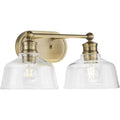 PROGRESS LIGHTING P300396-163 Vintage Brass Singleton Collection Two-Light 17" Vintage Brass Farmhouse Vanity Light with Clear Glass Shades