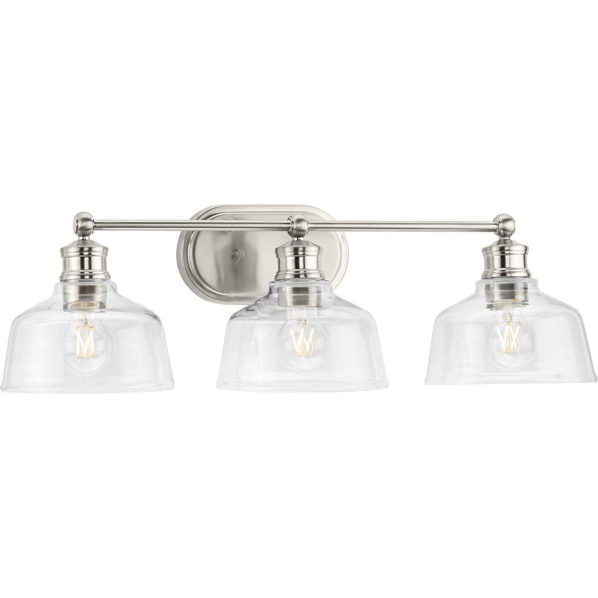 PROGRESS LIGHTING P300397-009 Brushed Nickel Singleton Collection Three-Light 26.5" Brushed Nickel Farmhouse Vanity Light with Clear Glass Shades