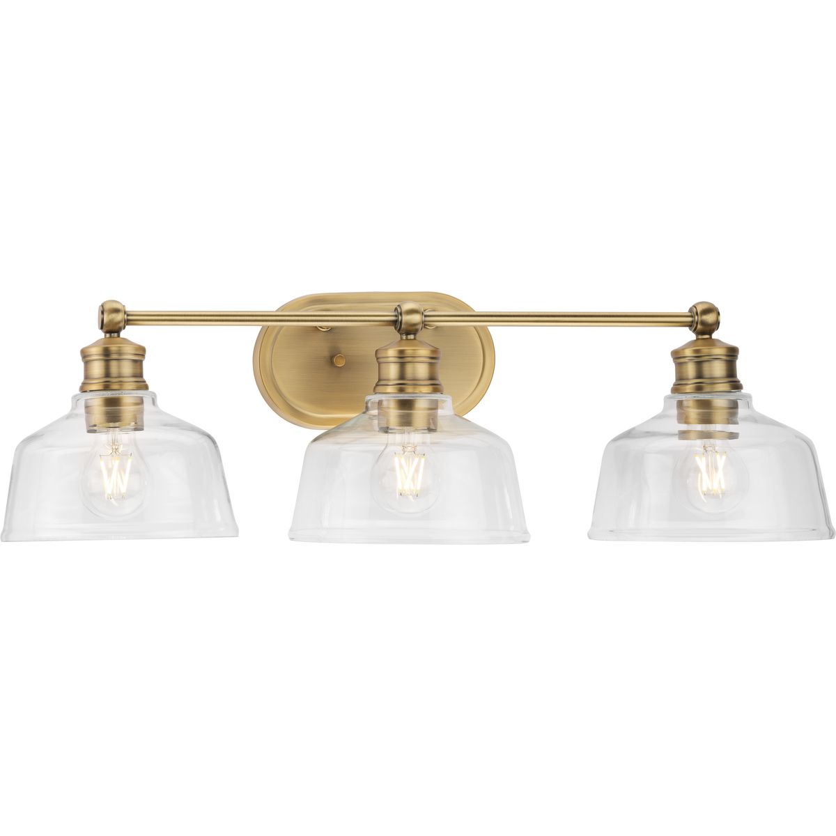 PROGRESS LIGHTING P300397-163 Vintage Brass Singleton Collection Three-Light 26.5" Vintage Brass Farmhouse Vanity Light with Clear Glass Shades