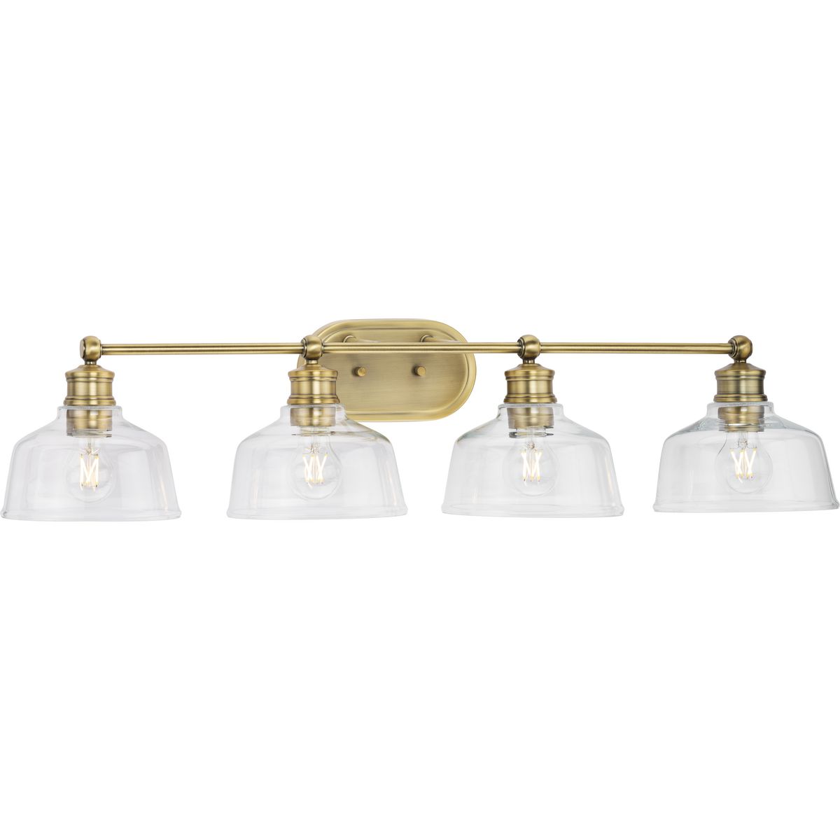 PROGRESS LIGHTING P300398-163 Vintage Brass Singleton Collection Four-Light 36" Vintage Brass Farmhouse Vanity Light with Clear Glass Shades