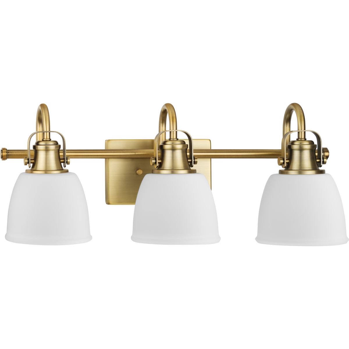 PROGRESS LIGHTING P300428-163 Vintage Brass Presto Collection Three-Light Coastal Vintage Brass Bath and Vanity Light
