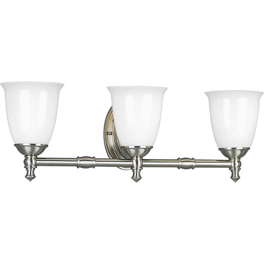 PROGRESS LIGHTING P3029-09 Brushed Nickel Victorian Collection Three-Light Brushed Nickel White Opal Glass Farmhouse Bath Vanity Light
