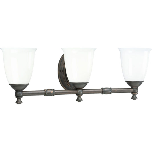 PROGRESS LIGHTING P3029-74 Venetian Bronze Victorian Collection Three-Light Venetian Bronze White Opal Glass Farmhouse Bath Vanity Light