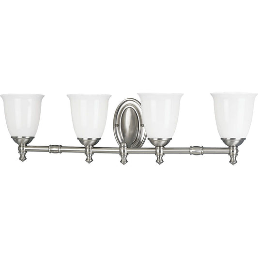 PROGRESS LIGHTING P3041-09 Brushed Nickel Victorian Collection Four-Light Brushed Nickel White Opal Glass Farmhouse Bath Vanity Light