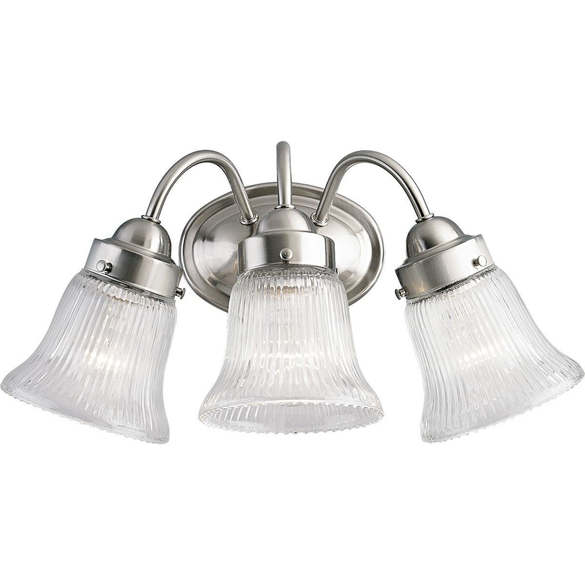 PROGRESS LIGHTING P3289-09 Brushed Nickel Fluted Glass Collection Three-Light Brushed Nickel Clear Prismatic Glass Traditional Bath Vanity Light