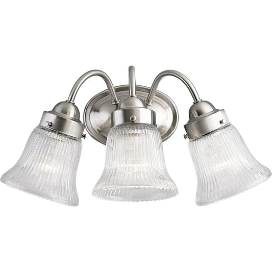 PROGRESS LIGHTING P3289-09 Brushed Nickel Fluted Glass Collection Three-Light Brushed Nickel Clear Prismatic Glass Traditional Bath Vanity Light