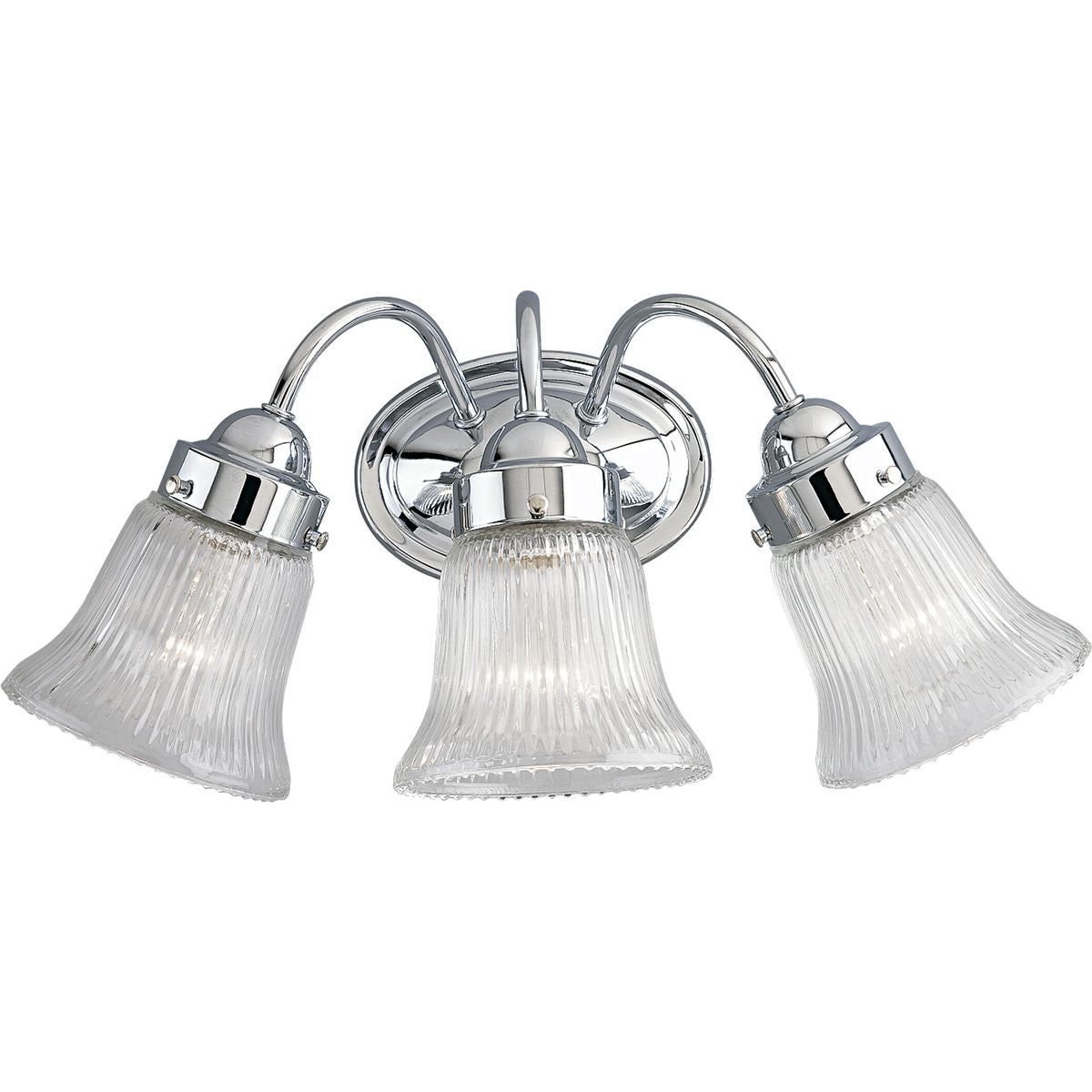 PROGRESS LIGHTING P3289-15 Polished Chrome Fluted Glass Collection Three-Light Polished Chrome Clear Prismatic Glass Traditional Bath Vanity Light