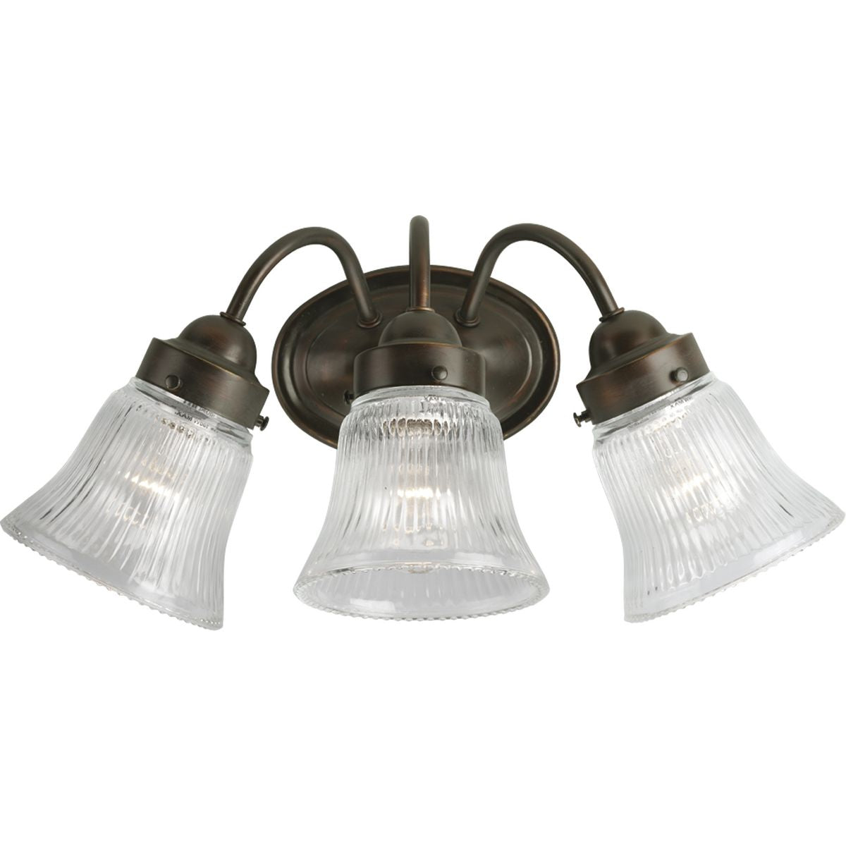 PROGRESS LIGHTING P3289-20 Antique Bronze Fluted Glass Collection Three-Light Antique Bronze Clear Prismatic Glass Traditional Bath Vanity Light