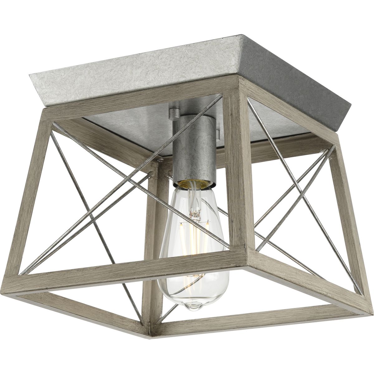 PROGRESS LIGHTING P350022-141 Galvanized Finish Briarwood Collection One-Light Galvanized and Bleached Oak Farmhouse Style Flush Mount Ceiling Light