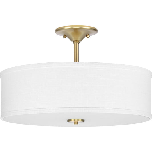 PROGRESS LIGHTING P350167-012 Satin Brass Inspire Collection 18" Three-Light Transitional Satin Brass Summer Linen Glass Semi-Flush Mount Light