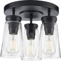 PROGRESS LIGHTING P350181-031 Matte Black Stockbrace Collection Three-Light Matte Black and Clear Glass Farmhouse Style Flush Mount Ceiling Light