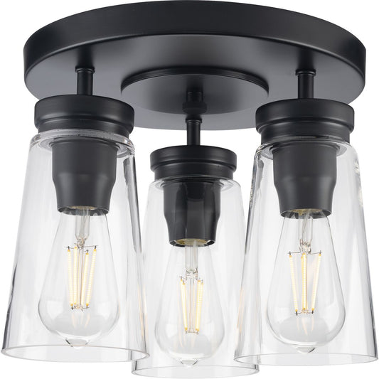PROGRESS LIGHTING P350181-031 Matte Black Stockbrace Collection Three-Light Matte Black and Clear Glass Farmhouse Style Flush Mount Ceiling Light