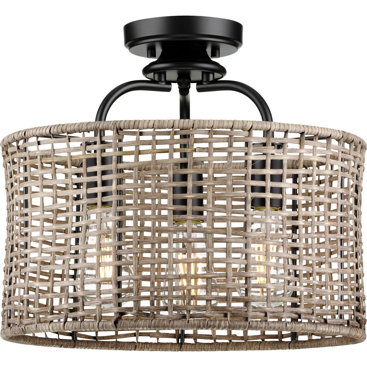PROGRESS LIGHTING P350183-031 Matte Black Lavelle Collection Three-Light Matte Black and Mocha finish Rattan Convertible Semi-Flush Ceiling or Hanging Pendant Light