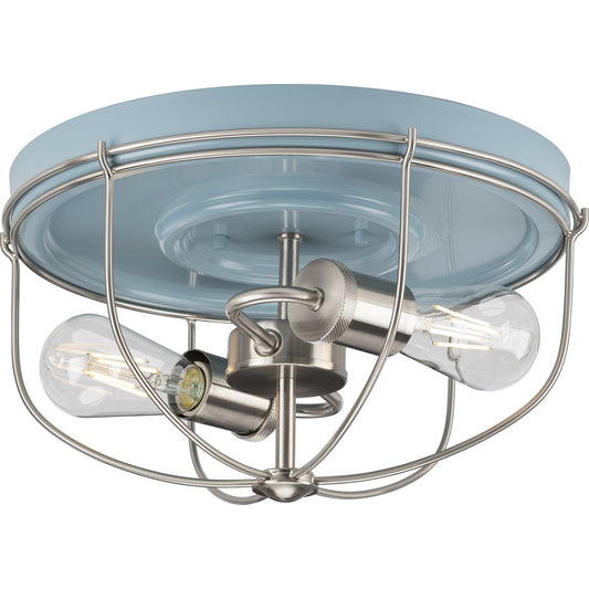 PROGRESS LIGHTING P350195-164 Coastal Blue Medal Collection Two-Light Coastal Blue/Brushed Nickel Industrial Style Flush Mount Ceiling Light