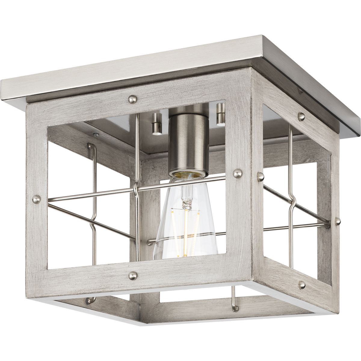 PROGRESS LIGHTING P350197-009 Brushed Nickel Hedgerow Collection One-Light Brushed Nickel and Grey Washed Oak Farmhouse Style Flush Mount Ceiling Light