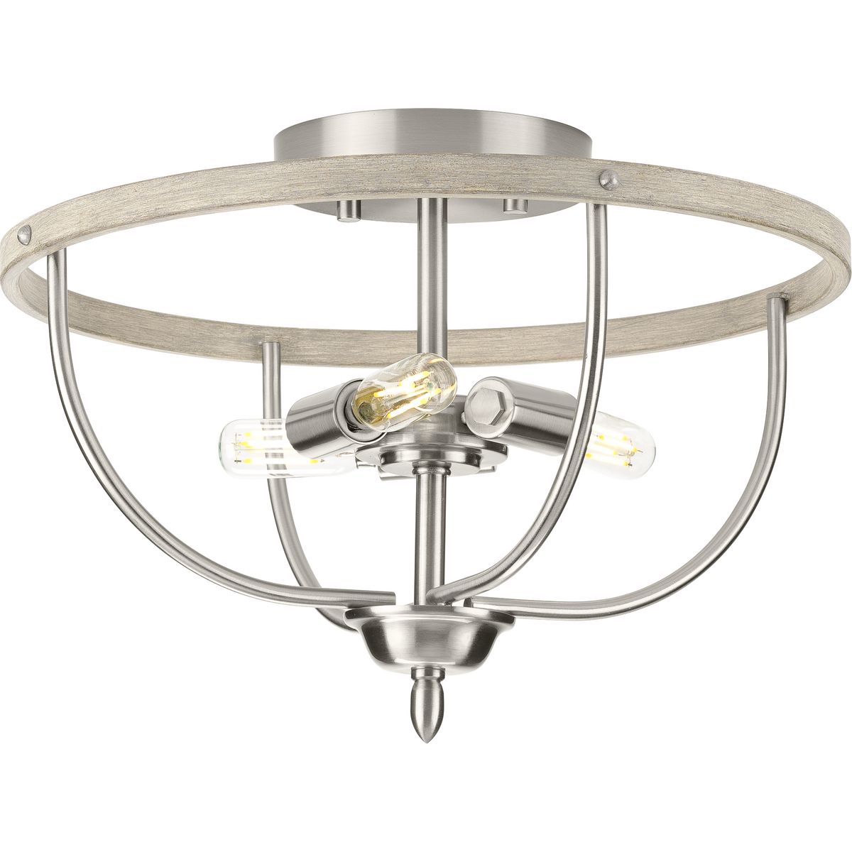 PROGRESS LIGHTING P350211-009 Brushed Nickel Vinings Collection Three-Light Brushed Nickel and Grey Washed Oak Flush Mount Ceiling Light