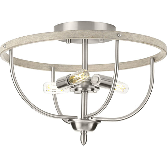 PROGRESS LIGHTING P350211-009 Brushed Nickel Vinings Collection Three-Light Brushed Nickel and Grey Washed Oak Flush Mount Ceiling Light