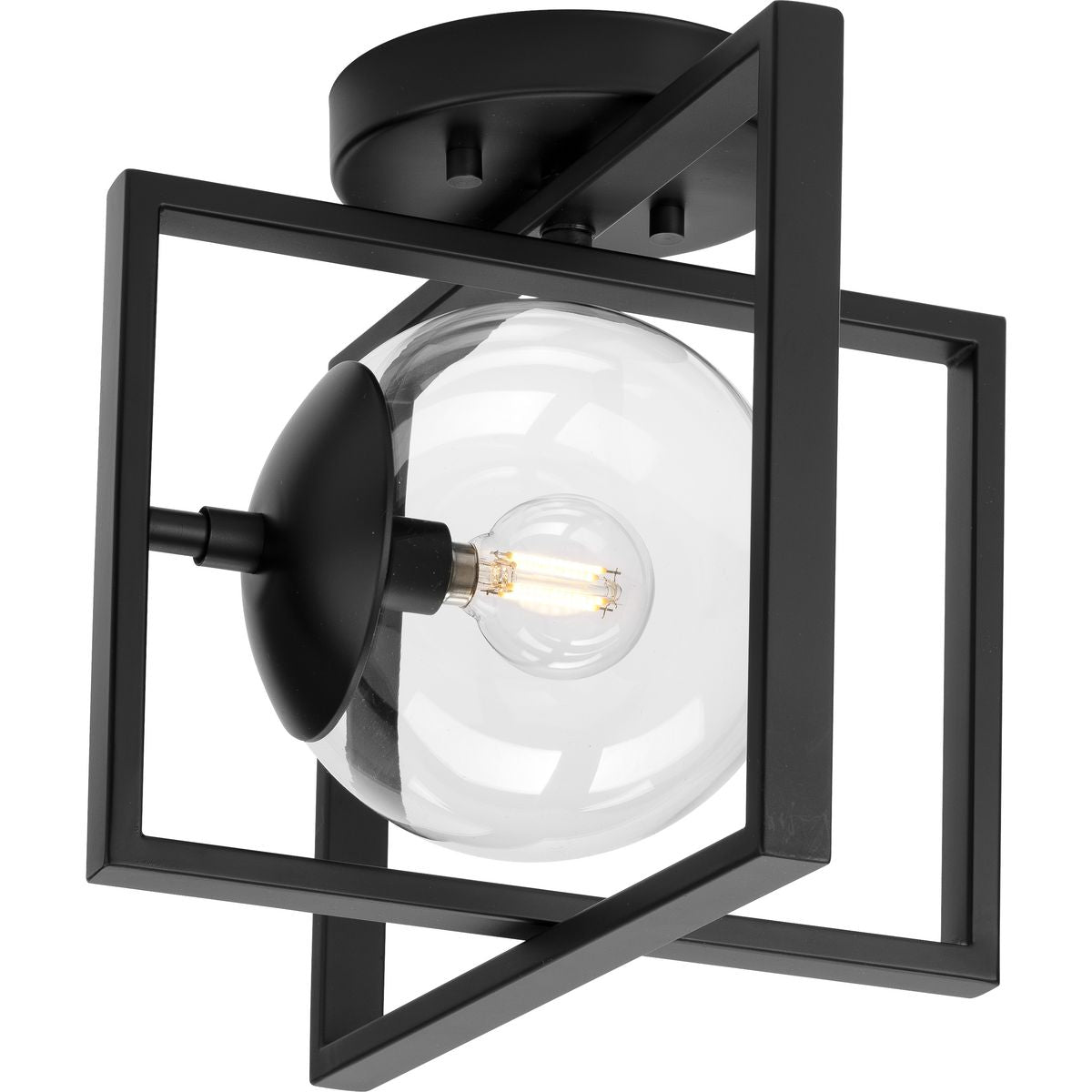 PROGRESS LIGHTING P350218-31M Matte Black Atwell Collection 10" One-Light Mid-Century Modern Matte Black Clear Glass Semi-Flush Mount Light