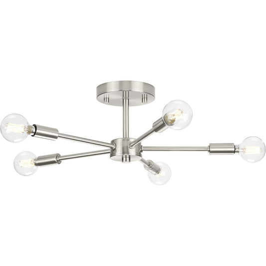 PROGRESS LIGHTING P350219-009 Brushed Nickel Delayne Collection Five-Light Mid-Century Modern Brushed Nickel Semi-Flush Mount Light