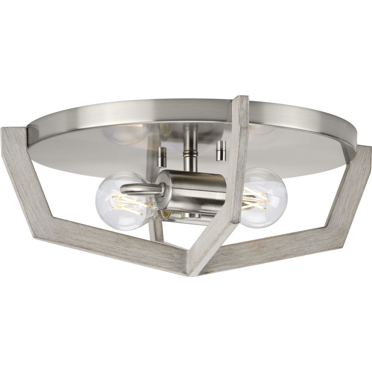 PROGRESS LIGHTING P350224-009 Brushed Nickel Galloway Collection Two-Light 15" Brushed Nickel Modern Farmhouse Flush Mount Light with Grey Washed Oak Accents