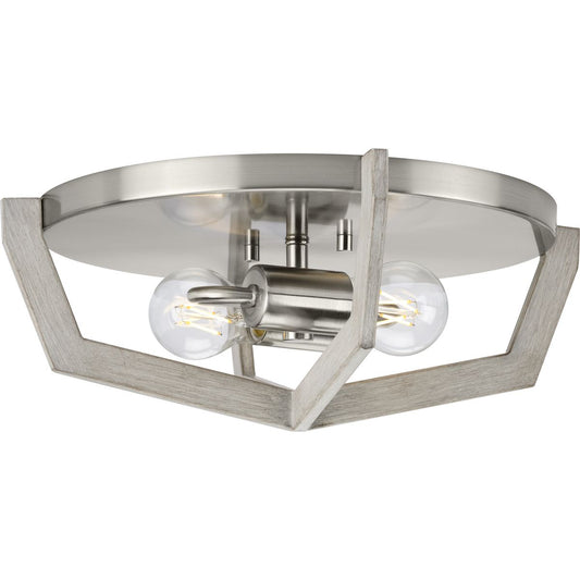 PROGRESS LIGHTING P350224-009 Brushed Nickel Galloway Collection Two-Light 15" Brushed Nickel Modern Farmhouse Flush Mount Light with Grey Washed Oak Accents
